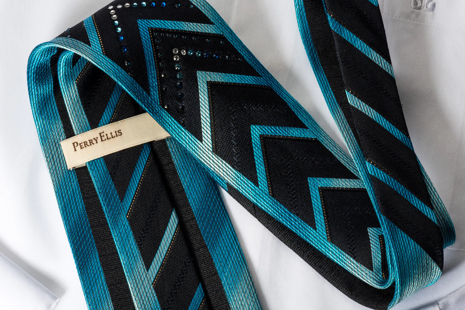 Perry Ellis Rhinestone Silk Necktie Blue V-Stripes On Black With Silver Sparkles - Image 3