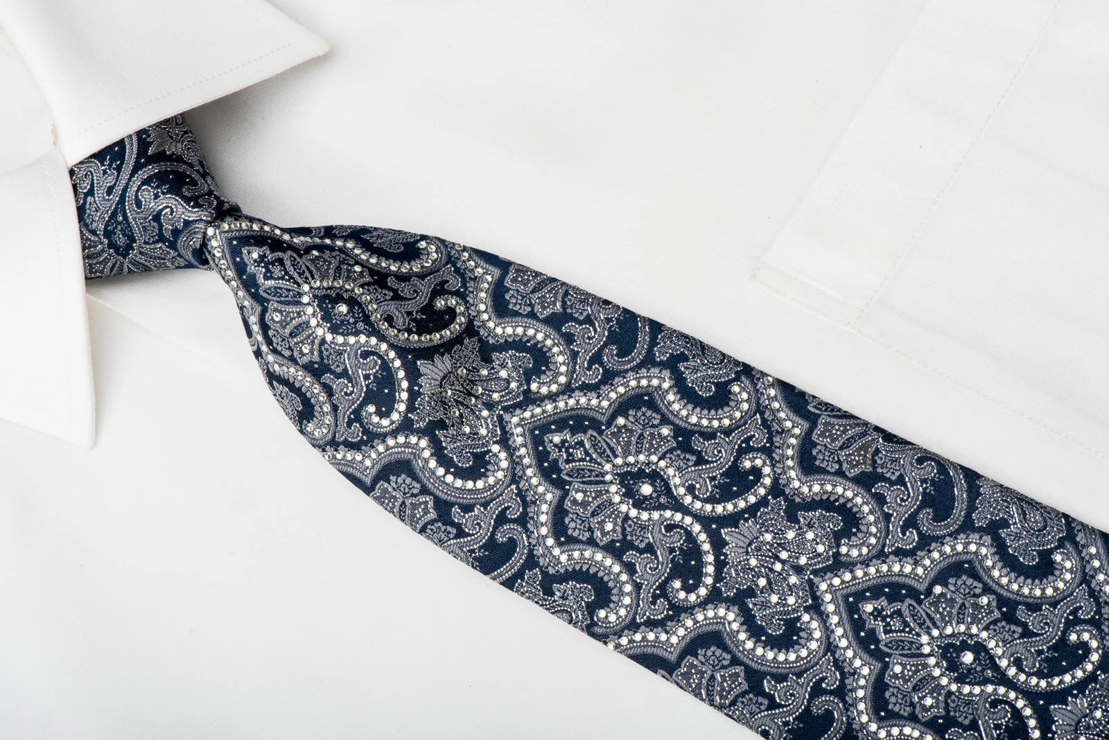 Perry Ellis Rhinestone Silk Necktie Damask On Navy With Silver Sparkles - Image 2