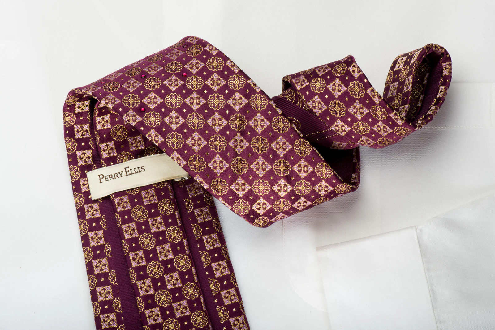 Perry Ellis Rhinestone Silk Necktie Flur de Lis On Purple With Gold Sparkles - Image 3