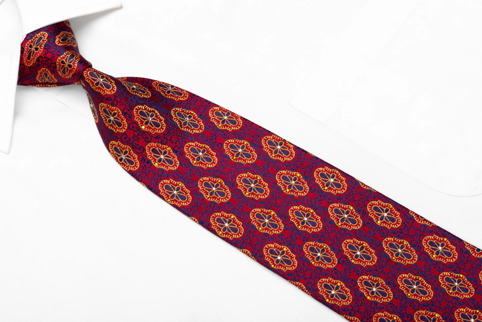 Rhinestone Silk Necktie Gold Blue Cartouche On Burgundy With Sparkles - Image 2