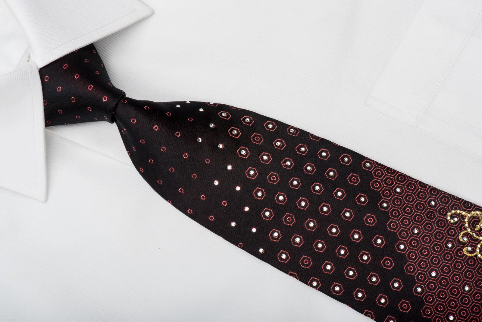 Perry Ellis Rhinestone Silk Necktie Golden Filigree On Dark Burgundy With Gold Sparkles - Image 2