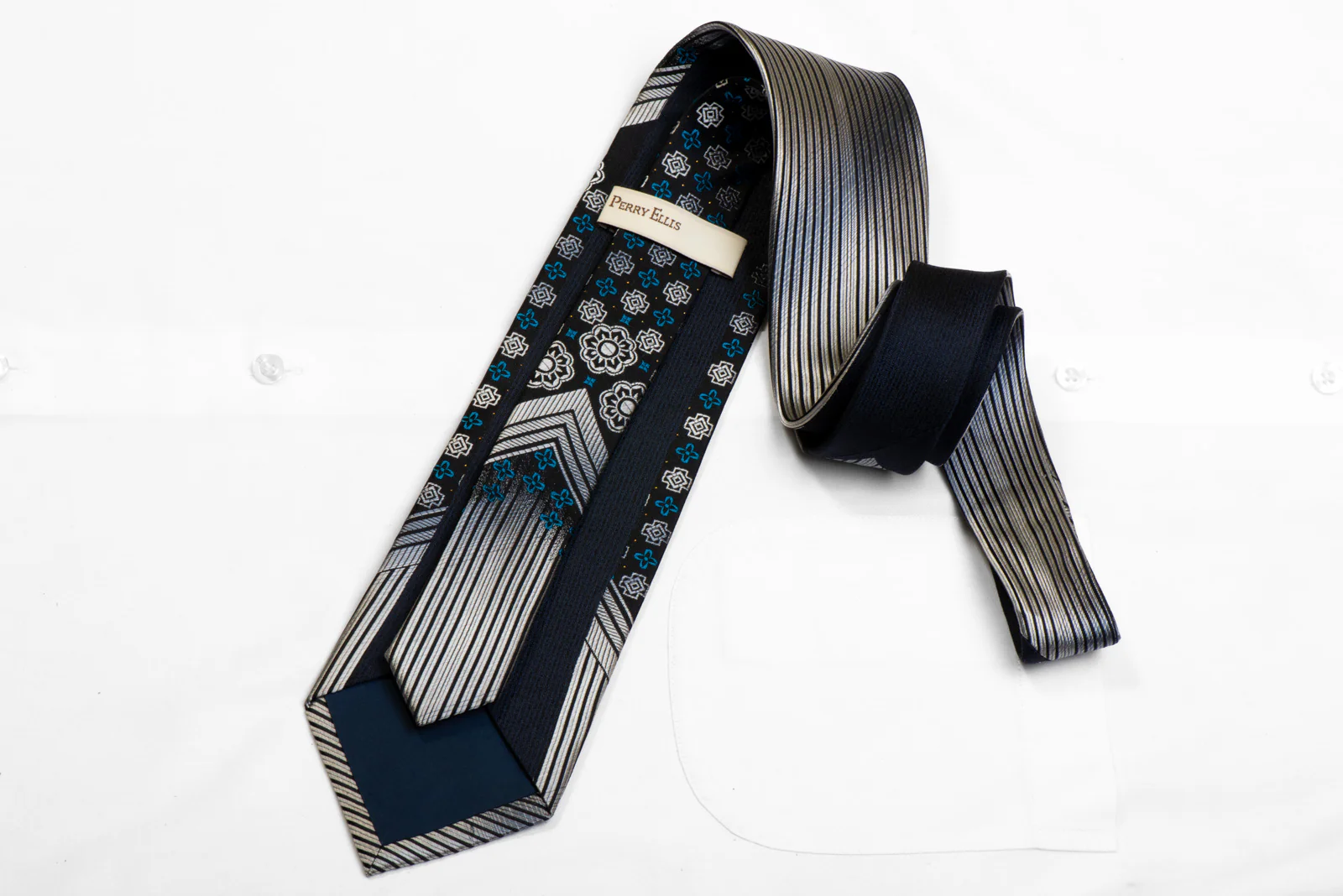 Perry Ellis Rhinestone Silk Necktie Silver V-Striped On Black With Silver Sparkles - Image 4