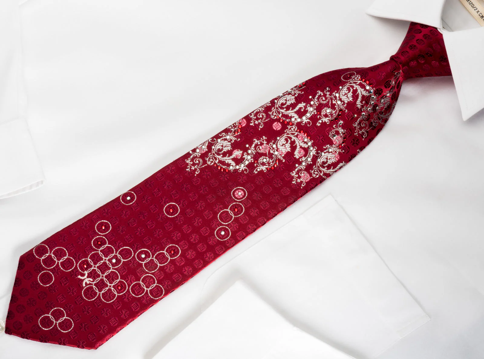 Perry Ellis Rhinestone Silk Necktie Silver Vines On Red With Sparkles - Image 3