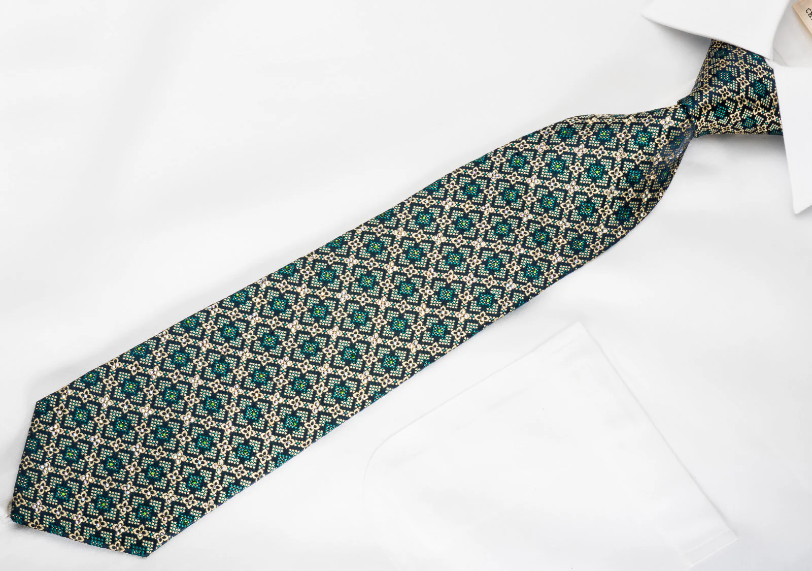 Perry Ellis Rhinestone Silk Necktie Yellow Bird's Eye On Navy With Golden Sparkles - Image 3