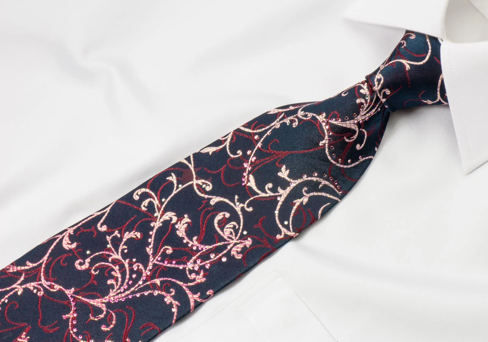 Perry Ellis Rhinestone Silk Tie Burgundy Vines On Navy With Golden Sparkles