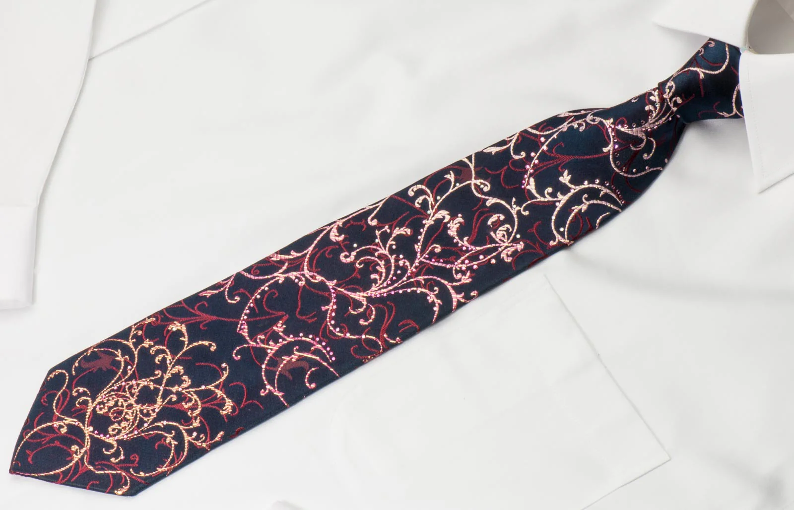 Perry Ellis Rhinestone Silk Tie Burgundy Vines On Navy With Golden Sparkles - Image 5