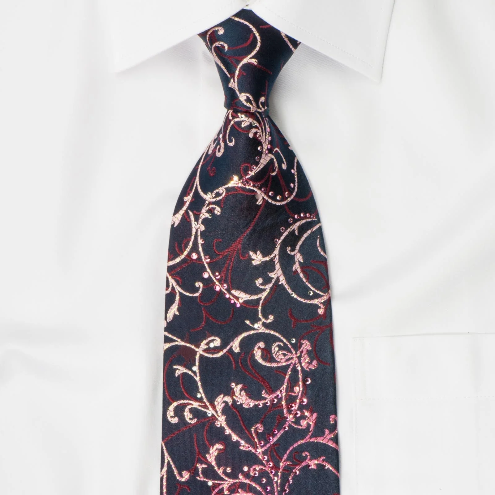 Perry Ellis Rhinestone Silk Tie Burgundy Vines On Navy With Golden Sparkles - Image 6
