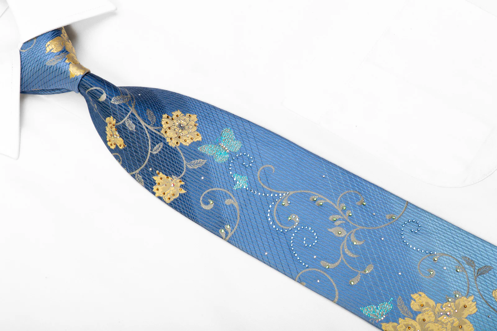 Perry Ellis Rhinestone Silk Tie Gold Floral Butterfly Scrolls On Blue With Sparkles - Image 2