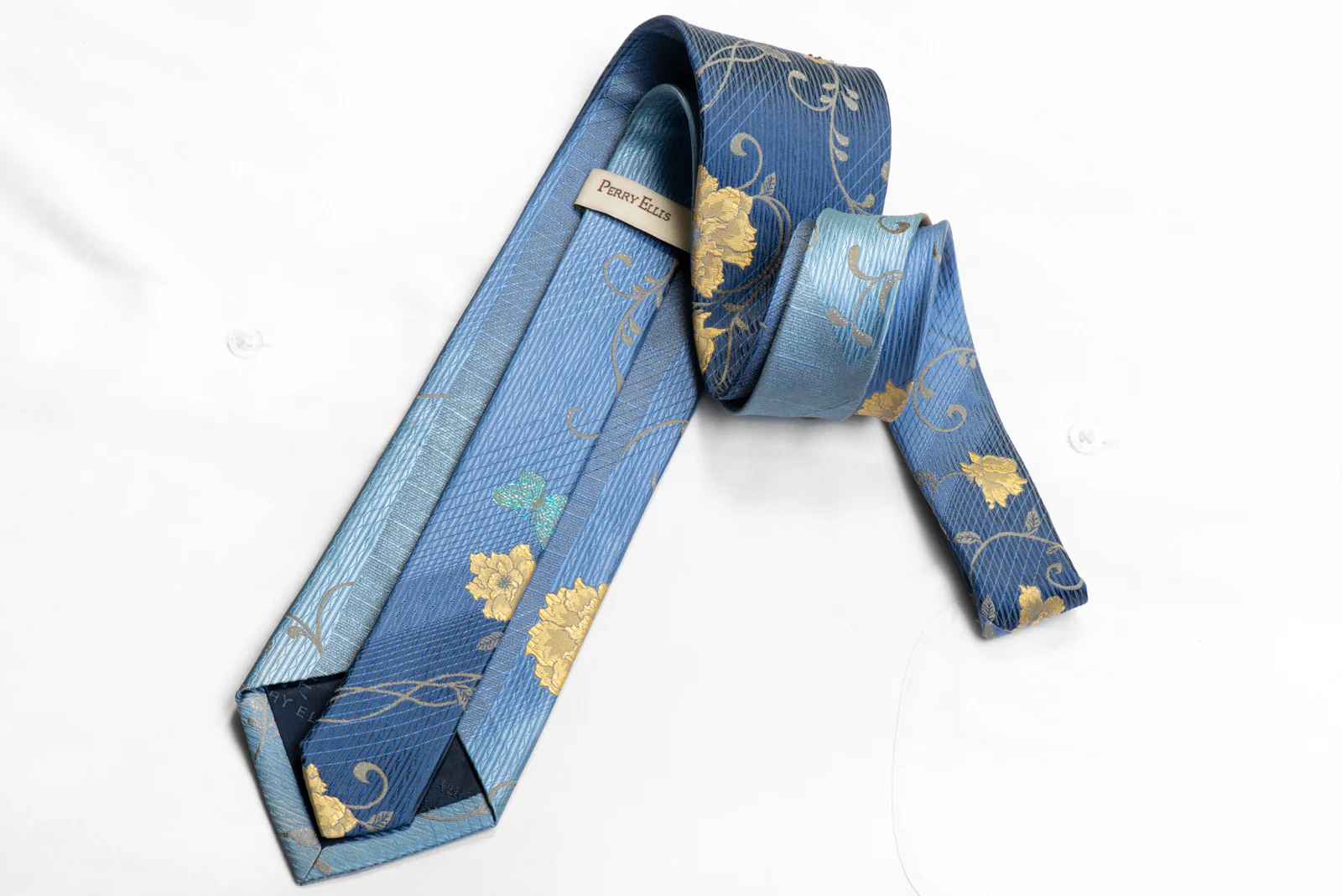 Perry Ellis Rhinestone Silk Tie Gold Floral Butterfly Scrolls On Blue With Sparkles - Image 4