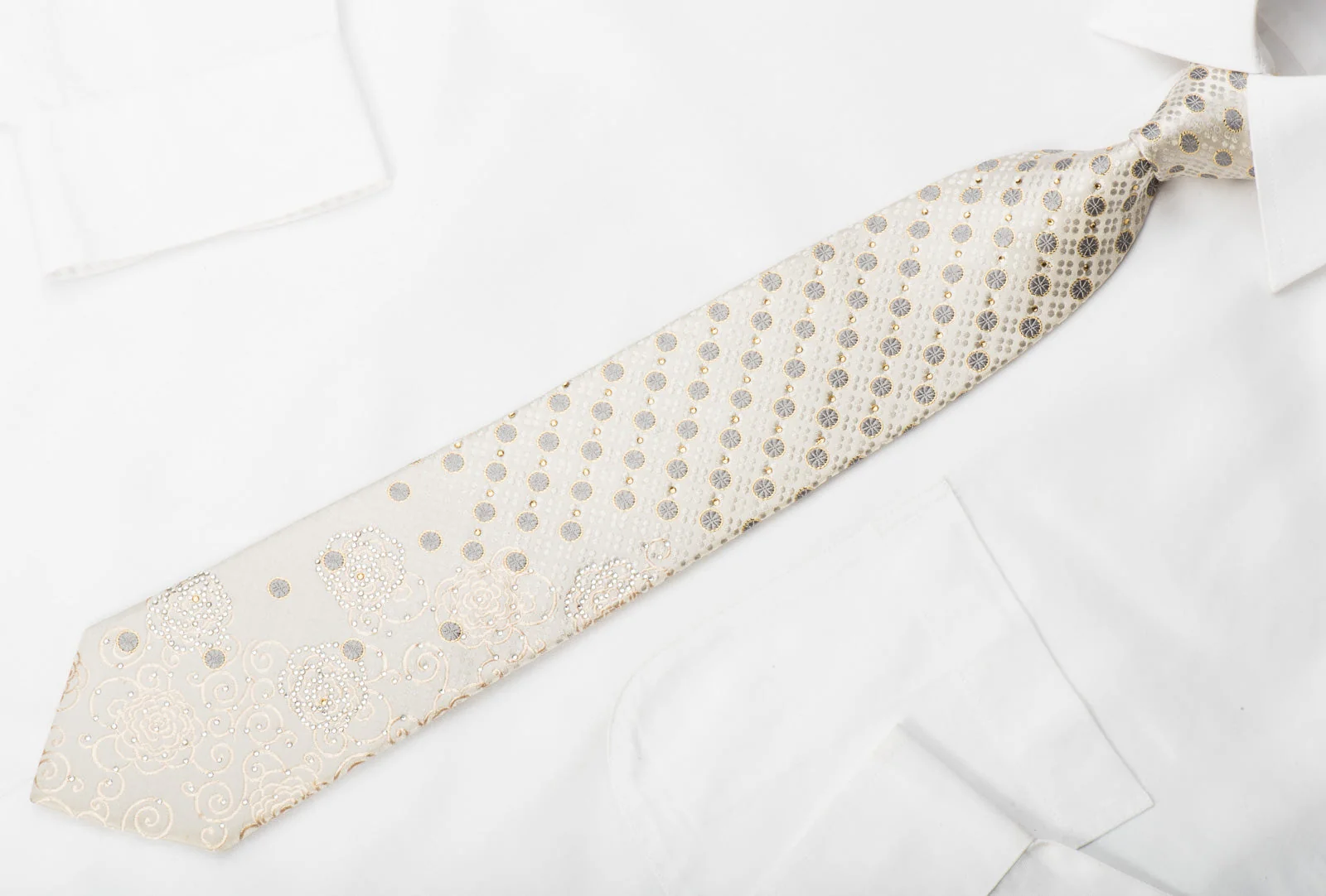 Perry Ellis Rhinestone Silk Tie Golden Floral On Ivory White With Gold Sparkles - Image 4