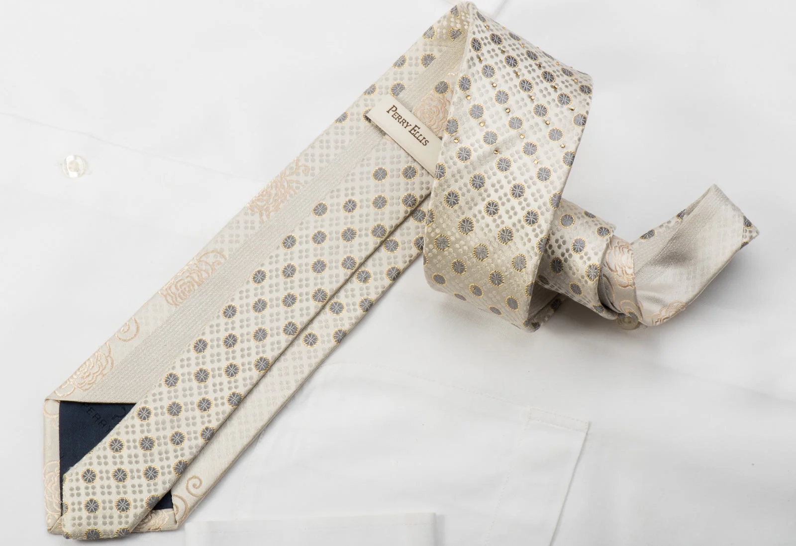 Perry Ellis Rhinestone Silk Tie Golden Floral On Ivory White With Gold Sparkles - Image 6