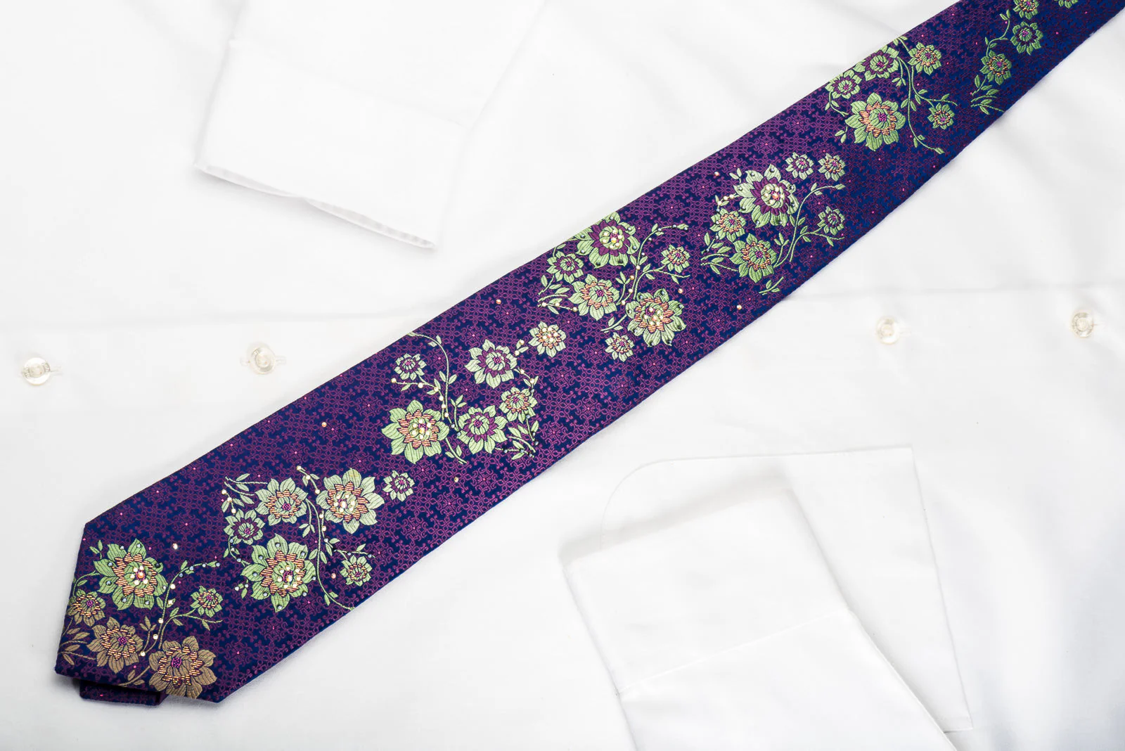 Perry Ellis Rhinestone Silk Tie Green Floral On Purple With Golden Sparkles - Image 6