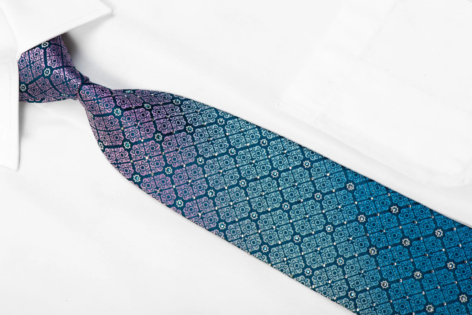Perry Ellis Rhinestone Silk Tie Mauve Turquoise Cartouche On Teal - Image 2