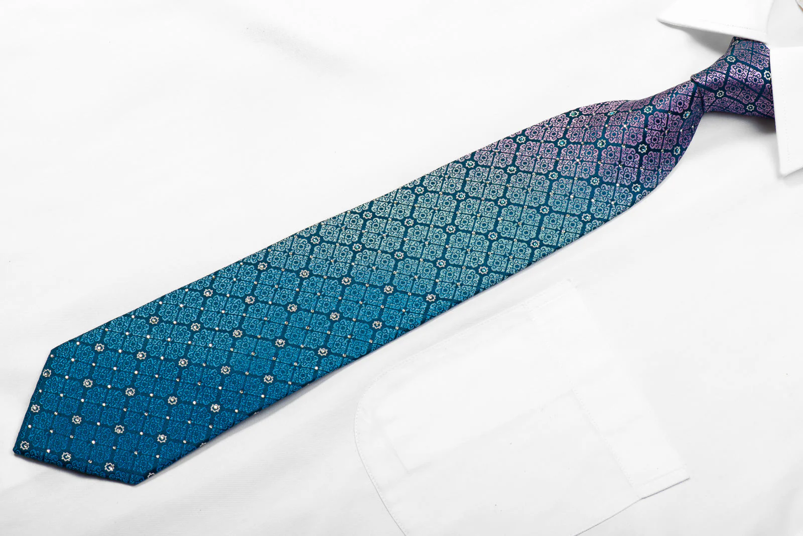 Perry Ellis Rhinestone Silk Tie Mauve Turquoise Cartouche On Teal - Image 4