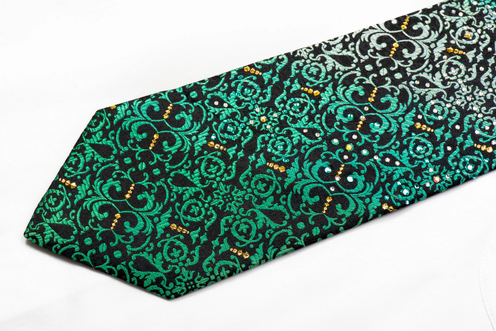 Perry Ellis Rhinestone Silk Tie Teal Acanthus On Black With Gold Sparkles - Image 3