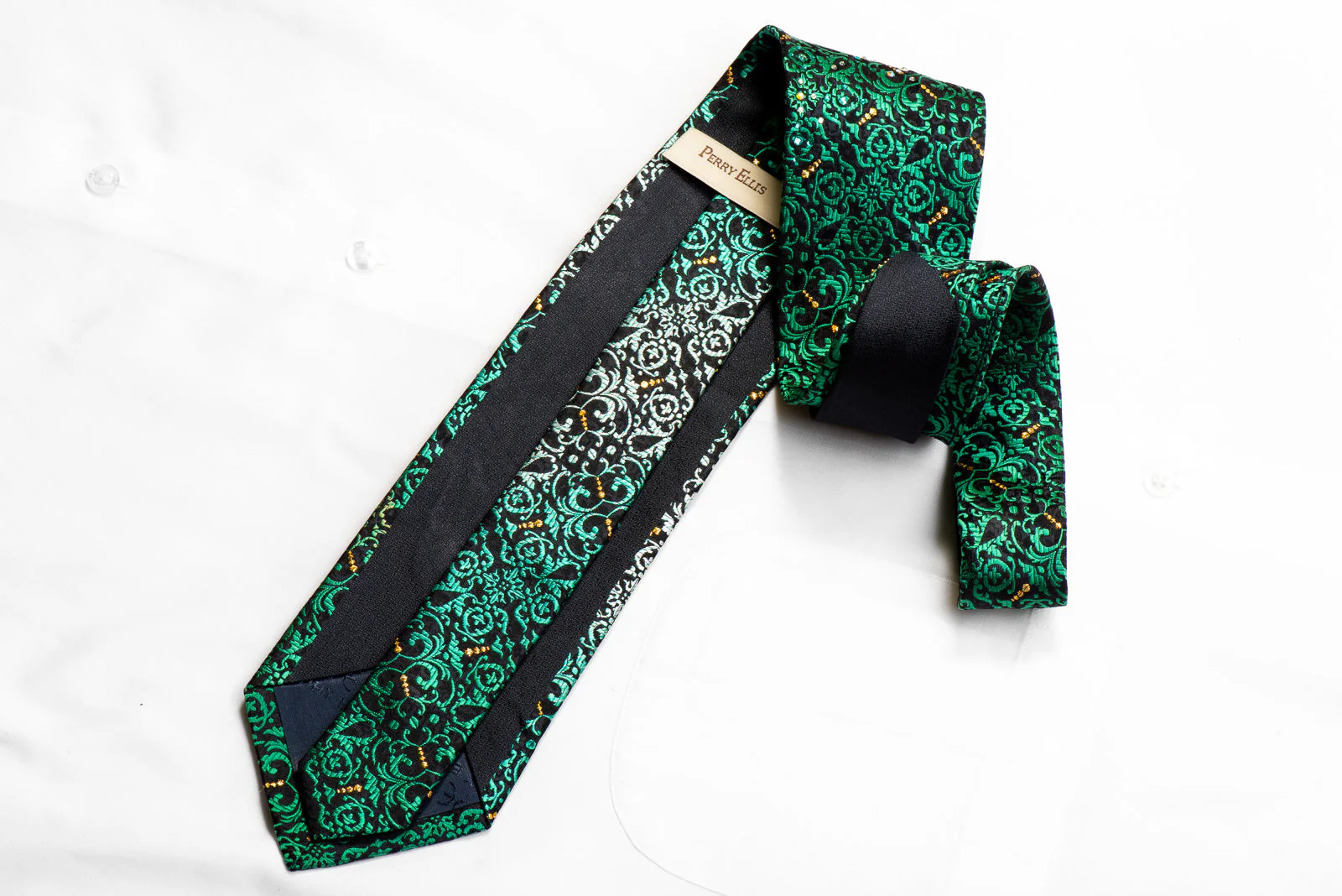 Perry Ellis Rhinestone Silk Tie Teal Acanthus On Black With Gold Sparkles - Image 5