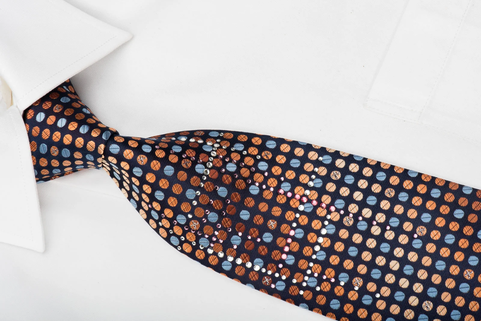 Perry Ellis Rhinestone Tie Blue Orange Dots On Navy With Silver Sparkles - Image 6