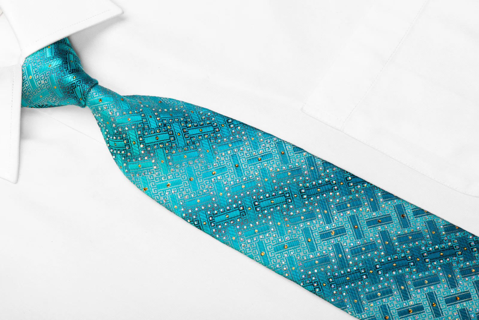 Perry Ellis Silk Necktie Teal Greek Key On Silver With Rhinestones & Gold Sparkles - Image 2