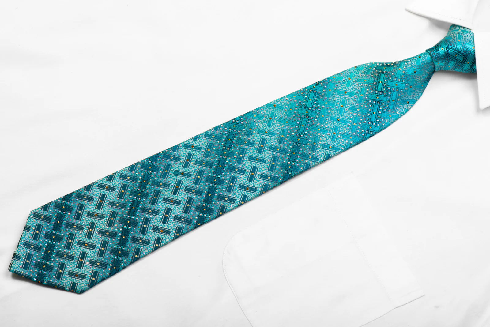 Perry Ellis Silk Necktie Teal Greek Key On Silver With Rhinestones & Gold Sparkles - Image 3