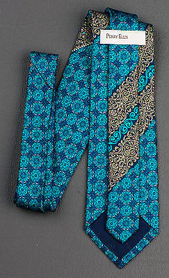 Perry Ellis Silk Necktie Turquoise Trellis & Silver On Black With Rhinestones - Image 9
