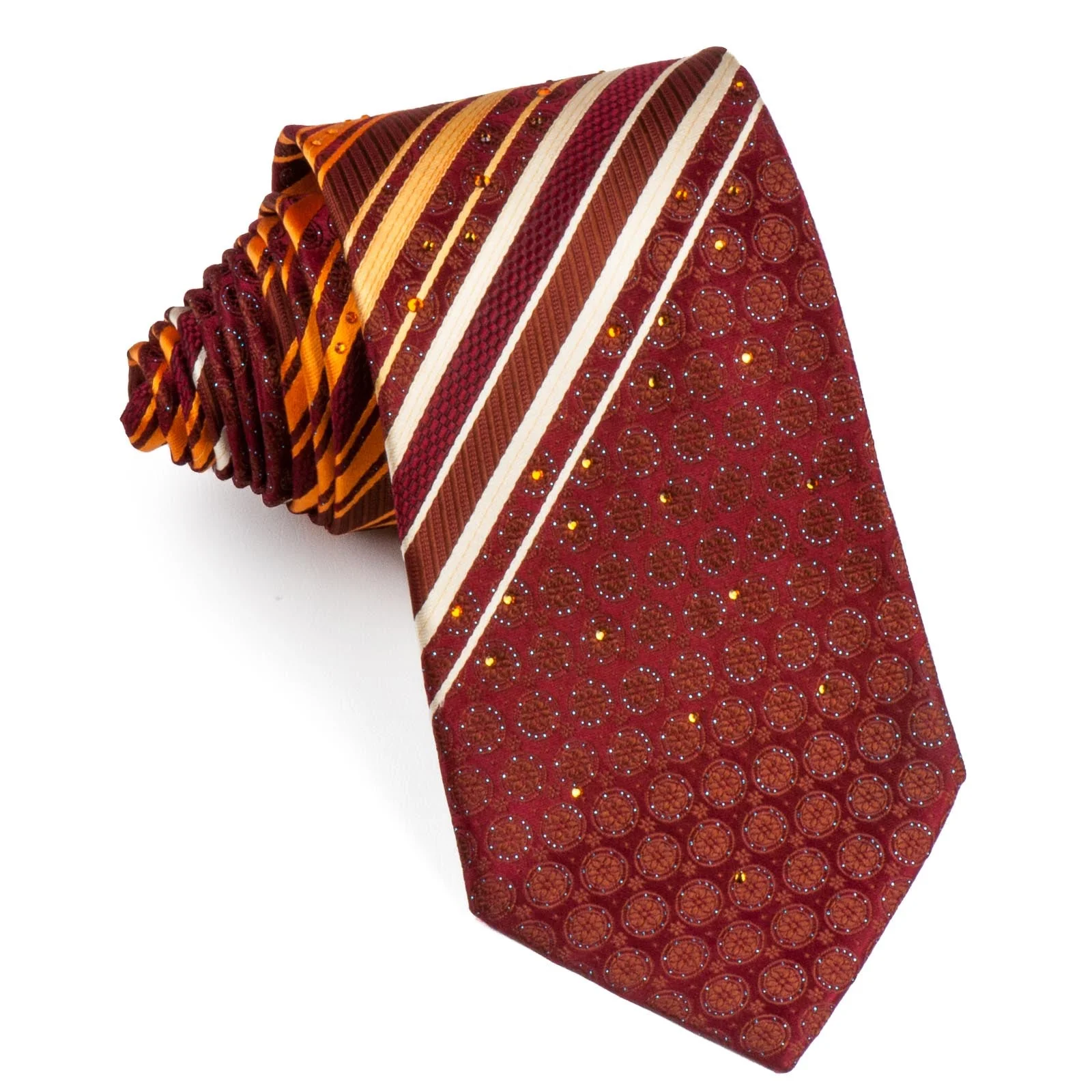 Perry Ellis Woven Silk Neck Tie Orange Stripes On Burgundy With Rhinestones