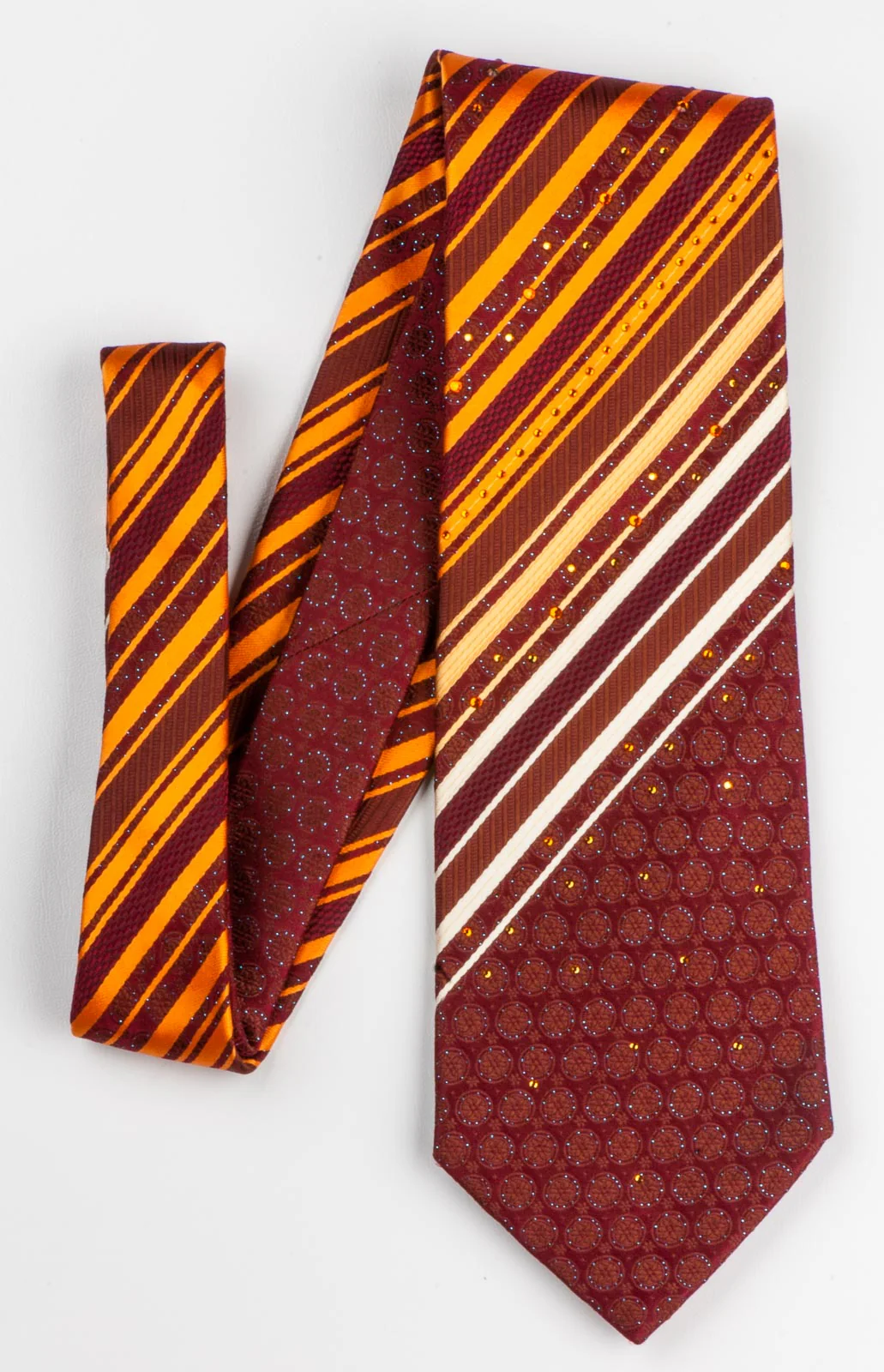 Perry Ellis Woven Silk Neck Tie Orange Stripes On Burgundy With Rhinestones - Image 2