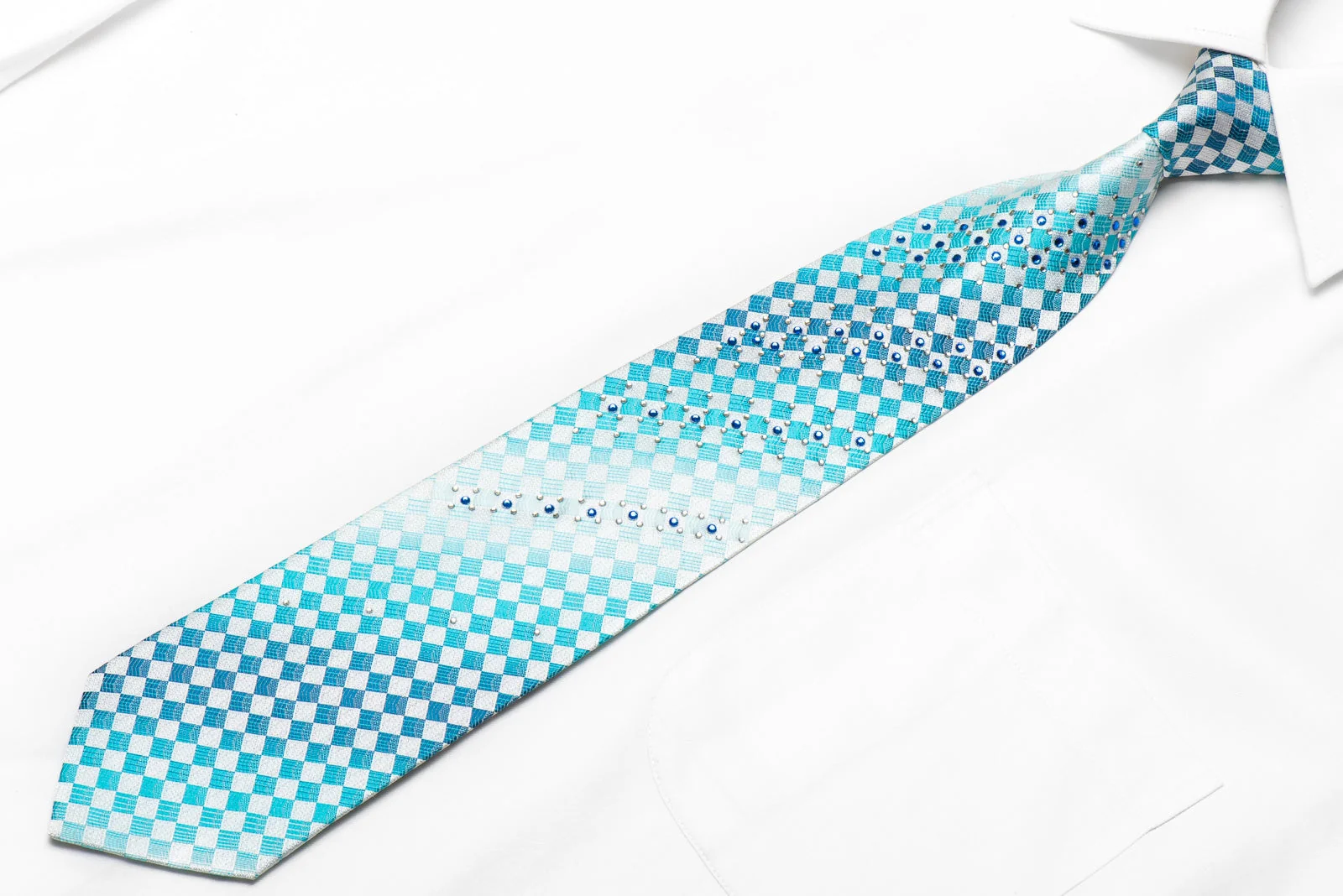 Piccioni Marco Men's Crystal Tie Blue White Checkered With Silver Sparkles - Image 2