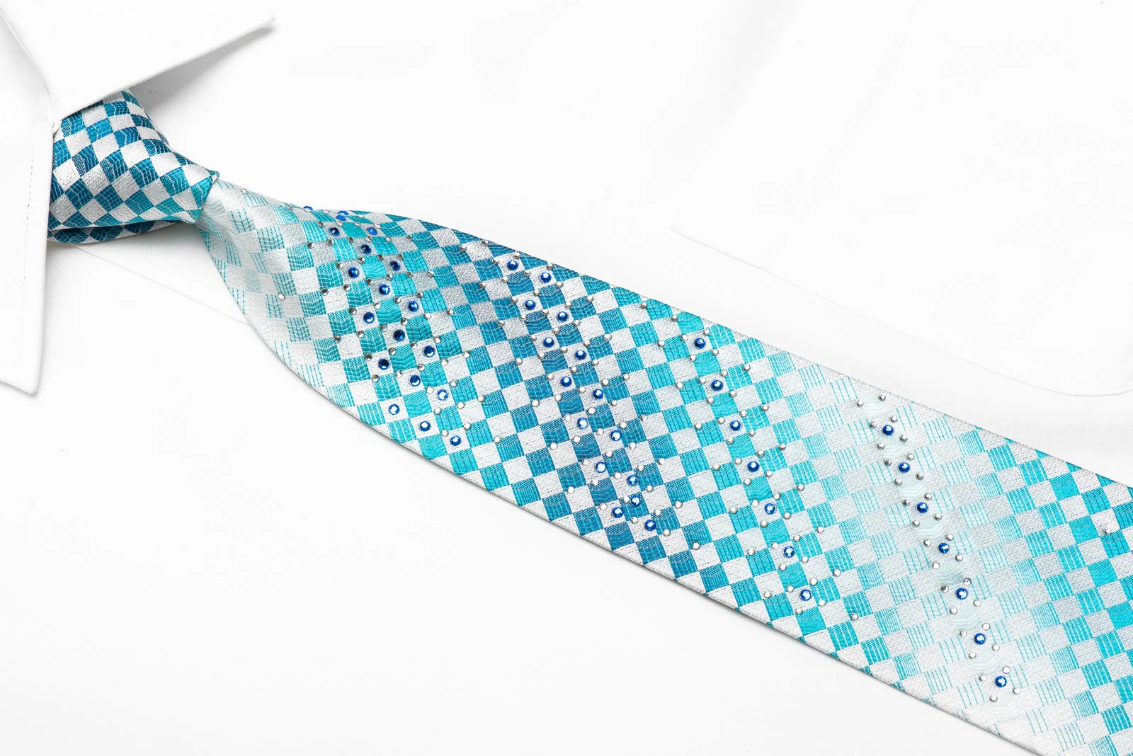 Piccioni Marco Men's Crystal Tie Blue White Checkered With Silver Sparkles - Image 3