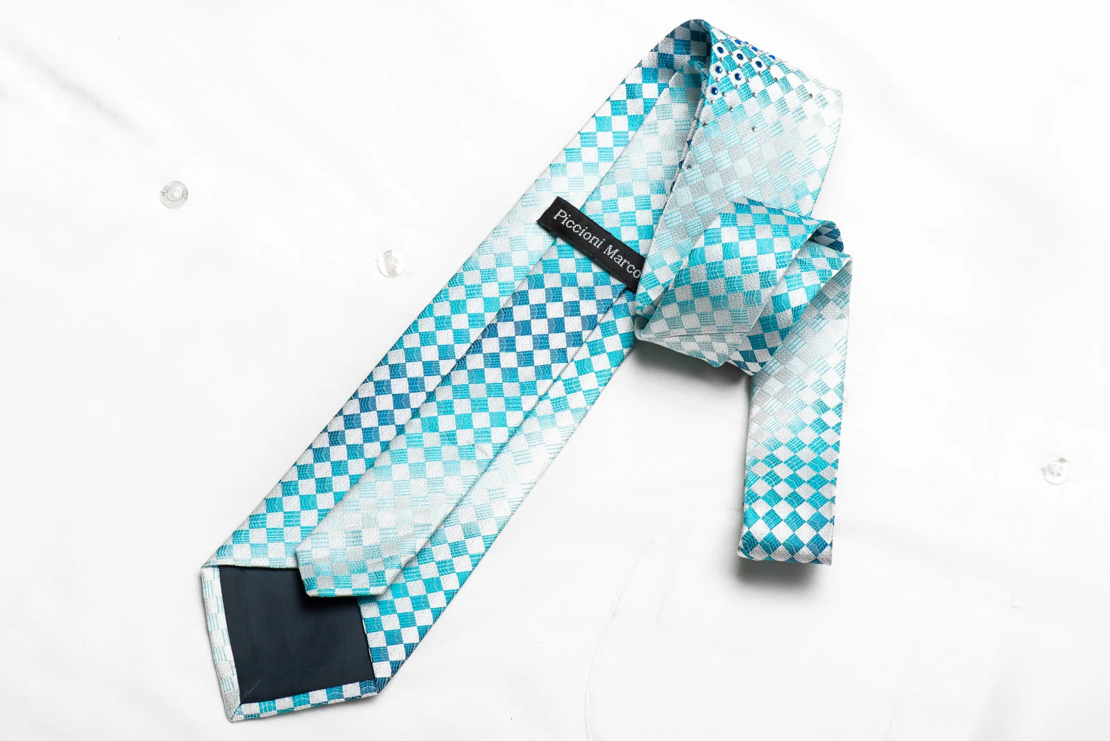 Piccioni Marco Men's Crystal Tie Blue White Checkered With Silver Sparkles - Image 4