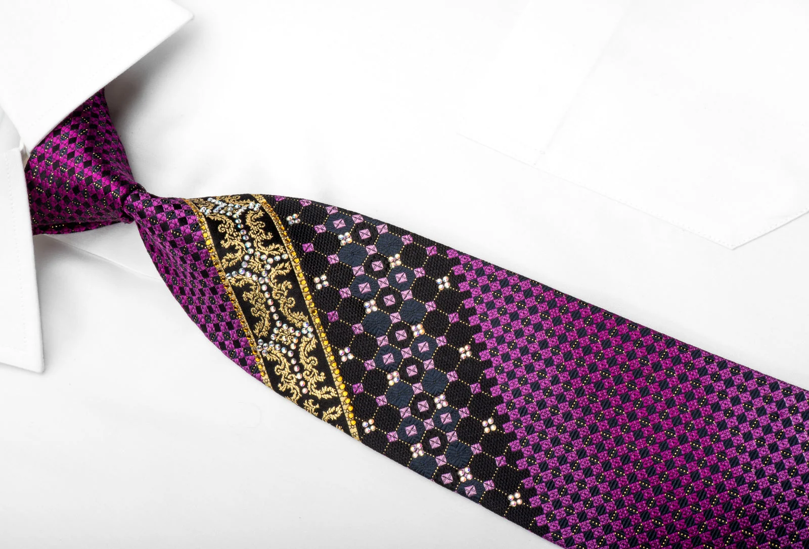 Pierre Balmain Men's Silk Necktie Golden Cartouche Purple Checker On Blue Sparkling With Rhinestones - Image 2