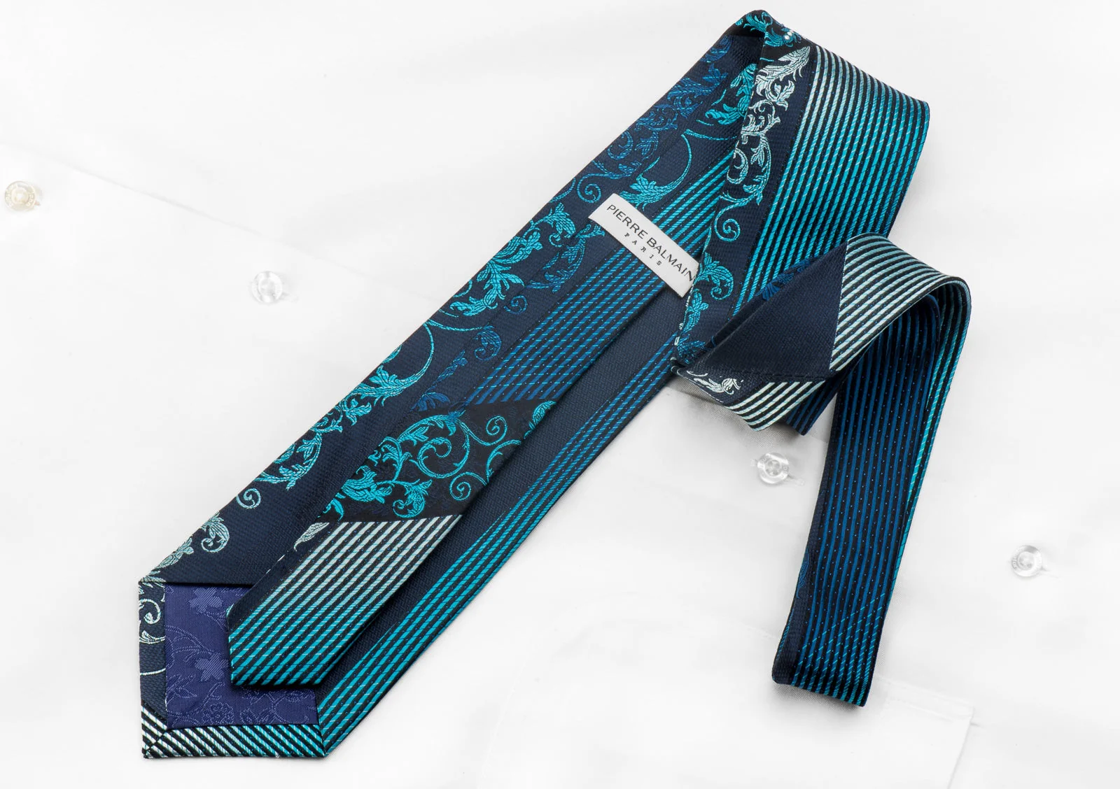 Pierre Balmain Mens Crystal Rhinestone Silk Necktie Acanthus & Striped On Navy With Blue Sparkles - Image 4