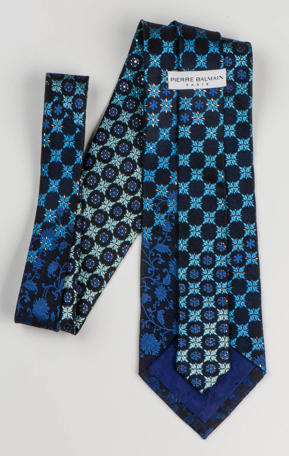 Pierre Balmain Neck Tie Floral Design On Dark Blue Silk With Rhinestones - Image 4
