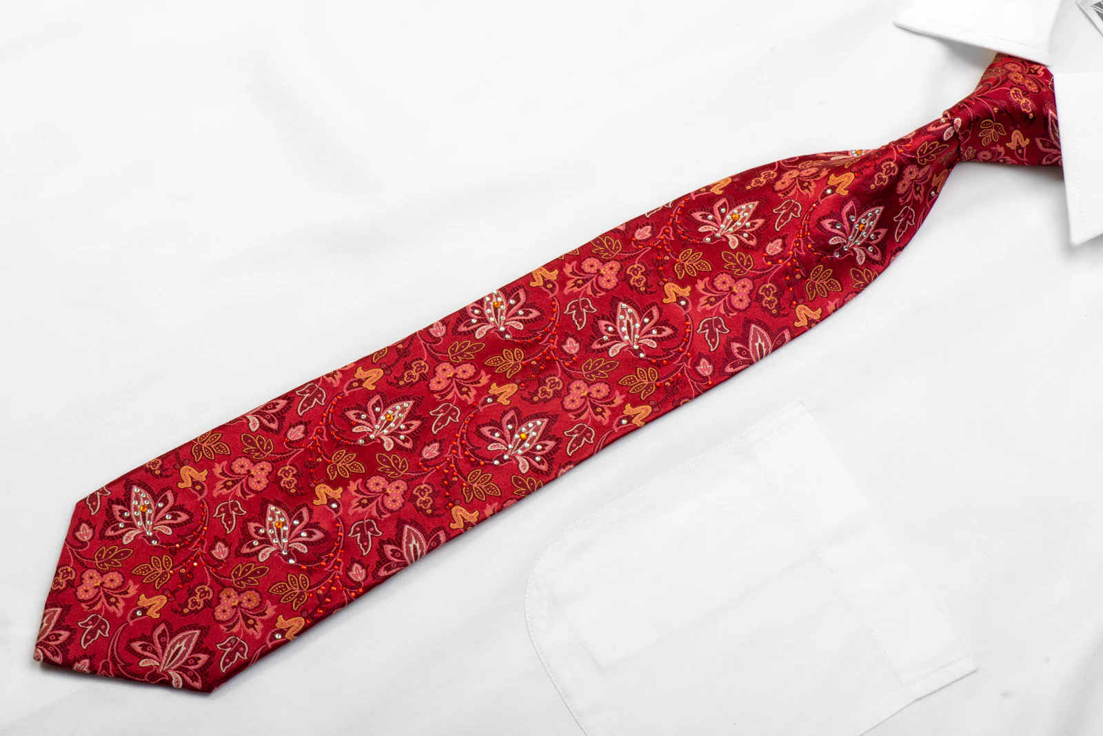 Pierre Balmain Rhinestone Silk Necktie Anthemion Floral On Burgundy - Image 3