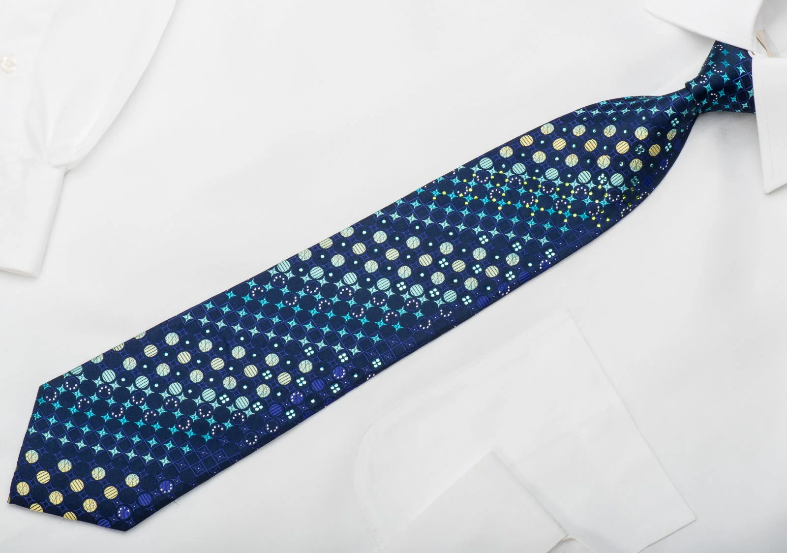 Pierre Balmain Rhinestone Silk Necktie Teal Green Geometric On Blue With Sparkles - Image 5