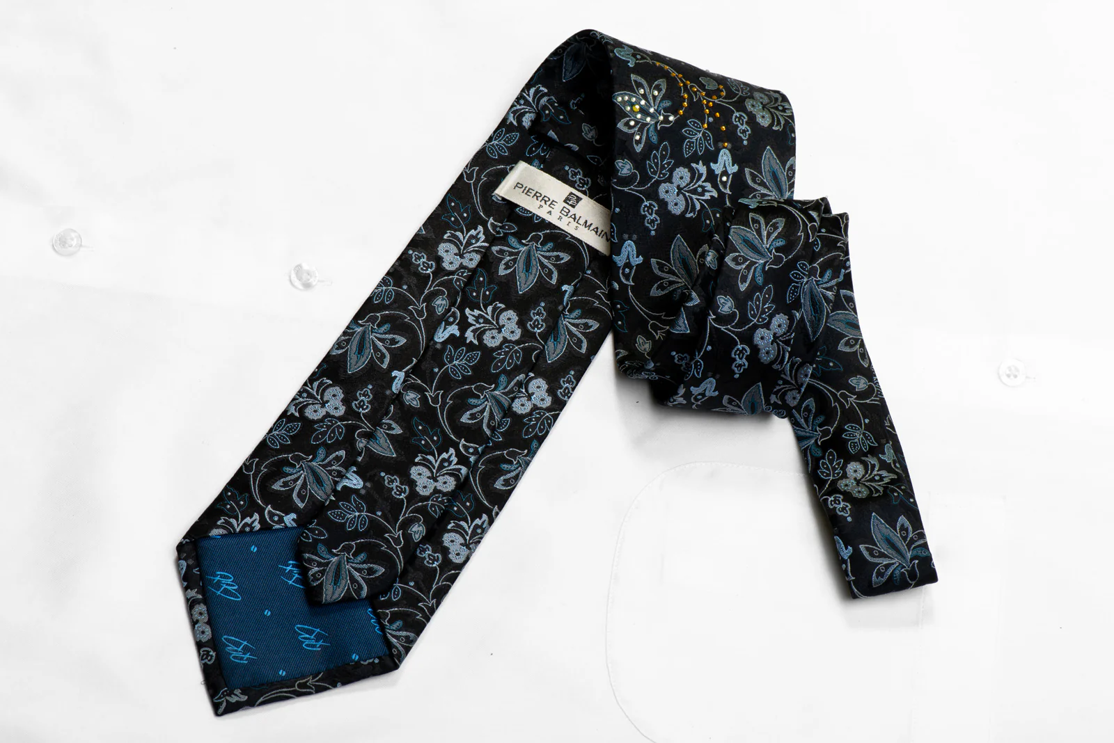 Pierre Balmain Rhinestone Silk Tie Silver Anthemion On Black - Image 5