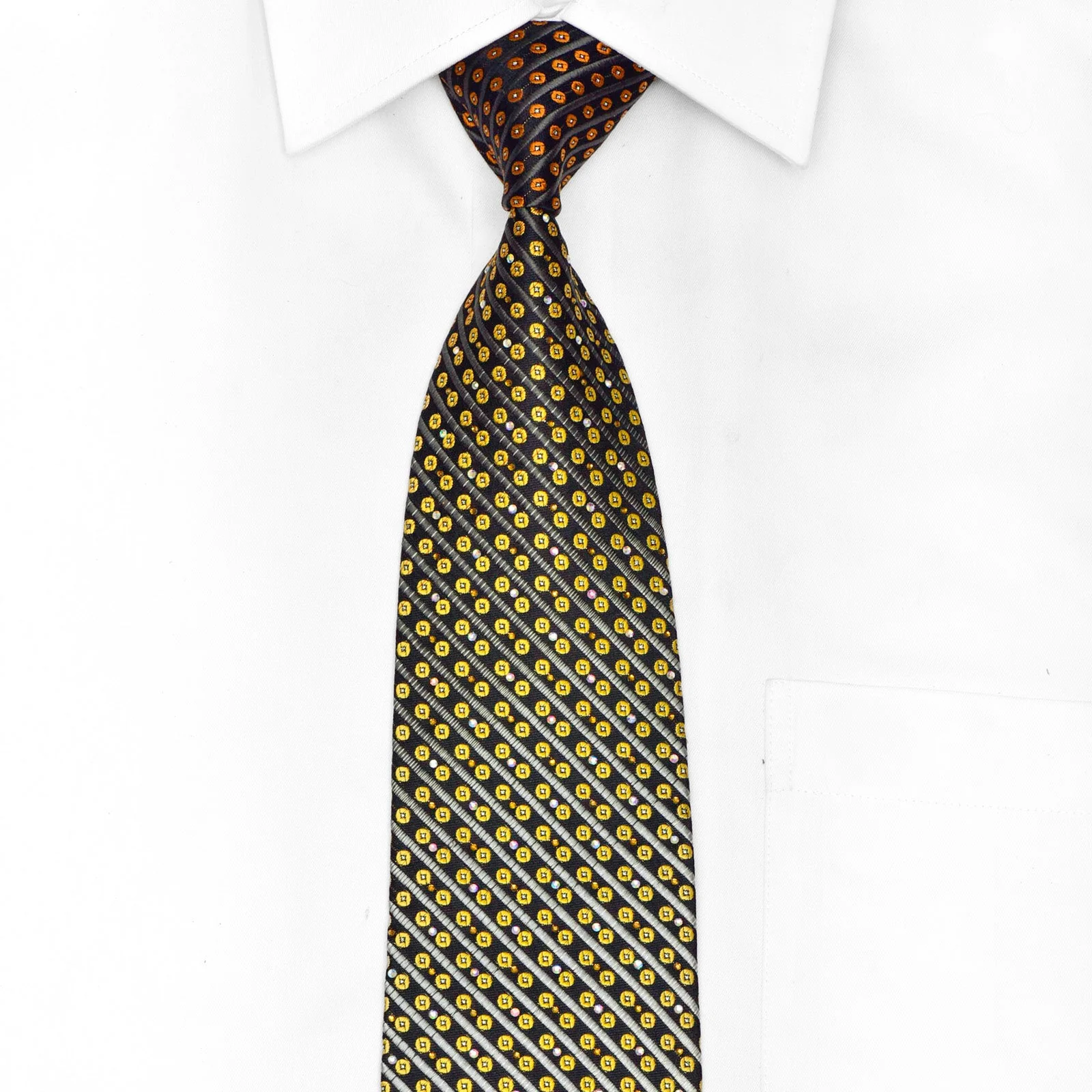 Gold Geometric Silver Striped On Black Rhinestone Tie With Sparkles