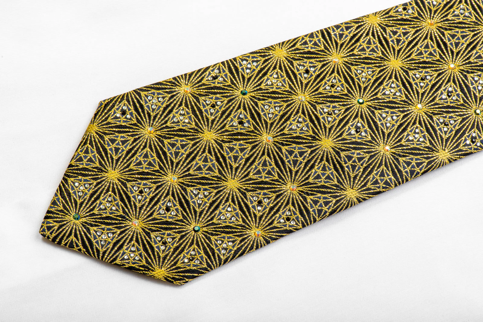 Gold Trellis On Black With Sparkles Crystal Rhinestone Silk Necktie - Image 3