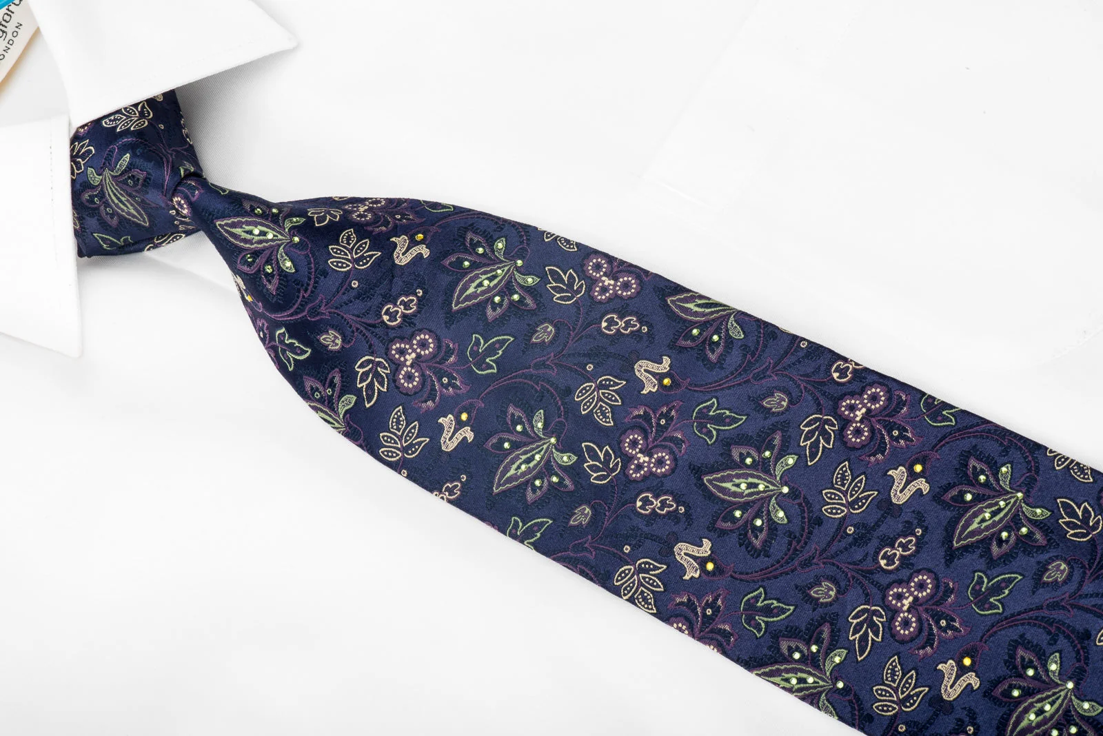 Pierre Cardin Men's Crystal Necktie Floral On Blue Silk Sparkling With Rhinestones - Image 2