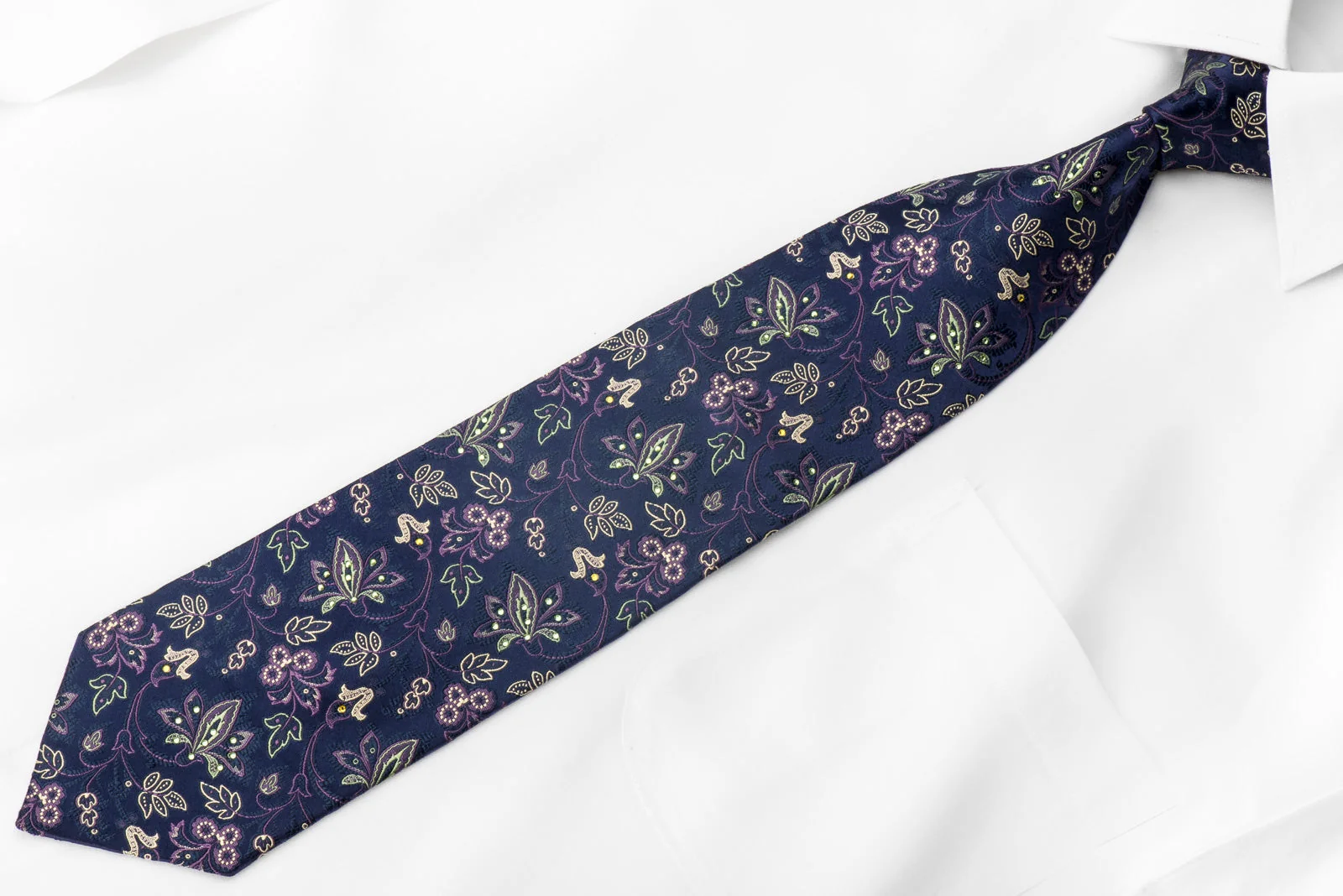Pierre Cardin Men's Crystal Necktie Floral On Blue Silk Sparkling With Rhinestones - Image 3