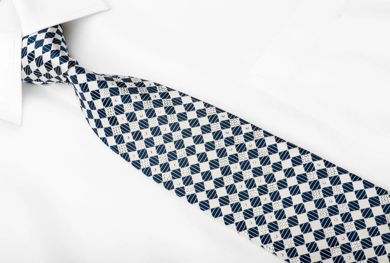 Pierre Cardin Men's Crystal Rhinestone Tie White Blue Checkered Silk With Silver Sparkles - Image 4