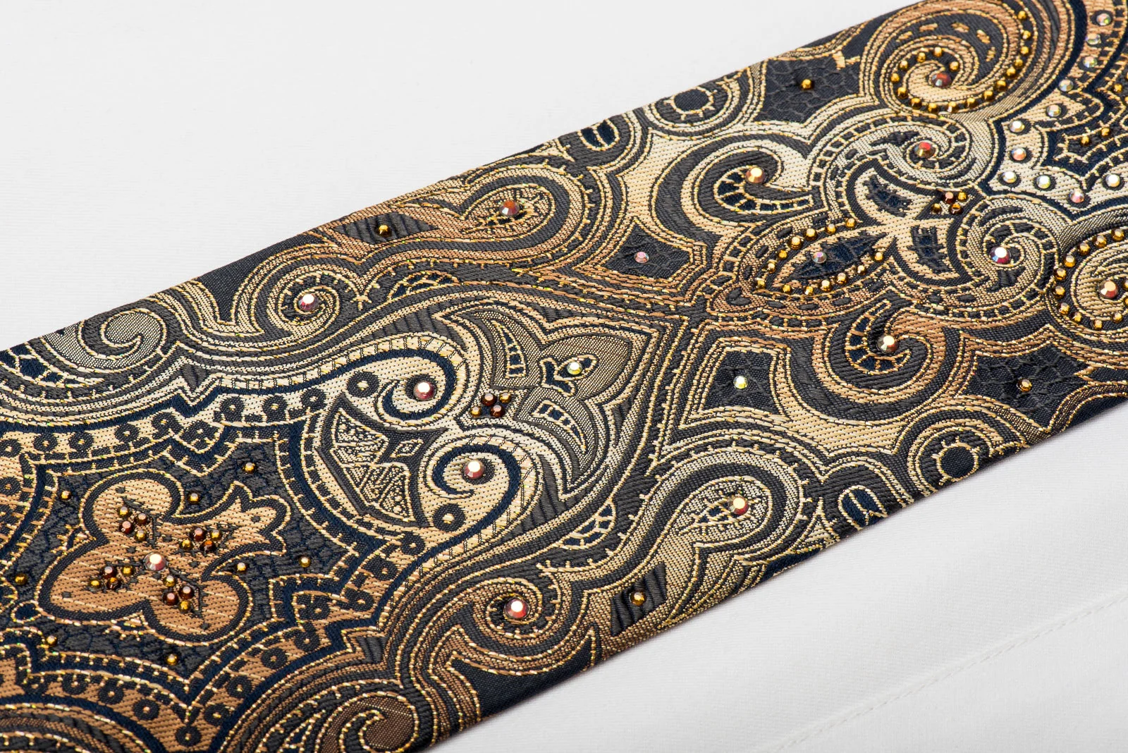 Golden Damask On Navy Blue Rhinestone Tie With Gold Sparkles - Image 5