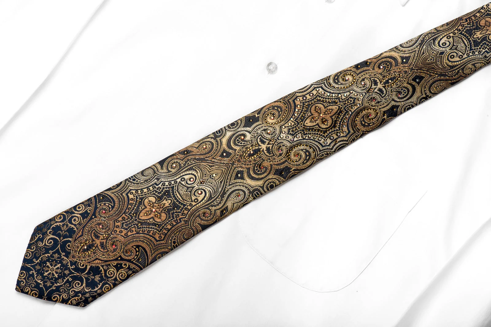 Golden Damask On Navy Blue Rhinestone Tie With Gold Sparkles - Image 6