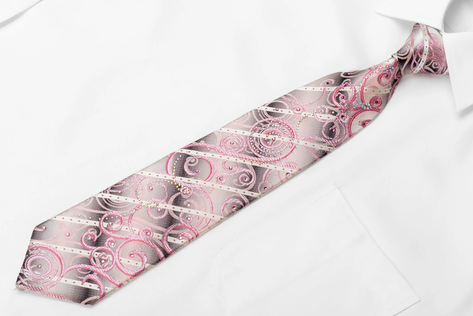 Pink Scrolls Striped On Pink Silver Men's Crystal Silk Necktie With Sparkles - Image 2