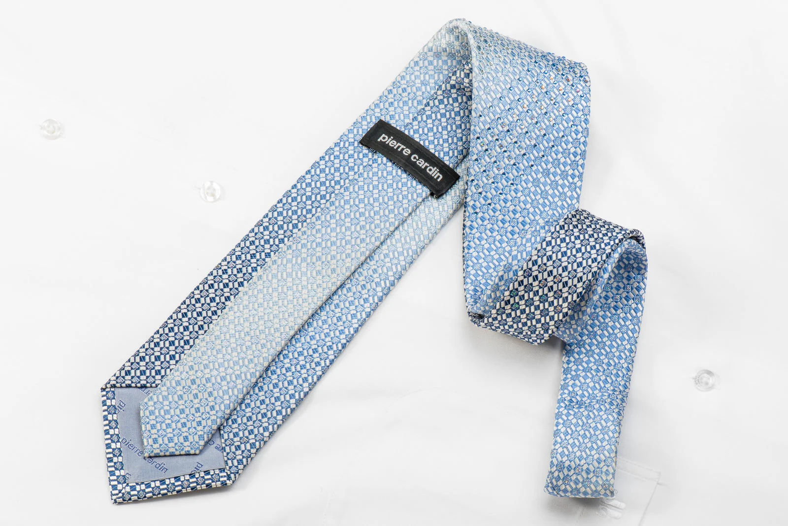 Pierre Cardin Men's Crystal Silk Tie Blue Micro Checker On White With Silver Sparkles - Image 4