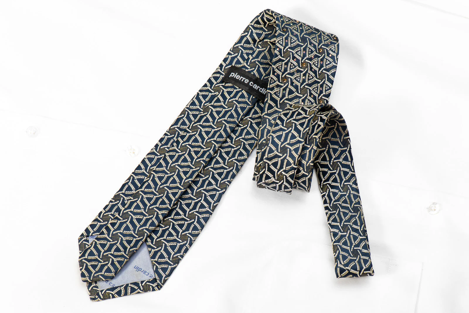 Pierre Cardin Men's Crystal Silk Tie Gold Geometric On Navy With Gold Sparkles - Image 4