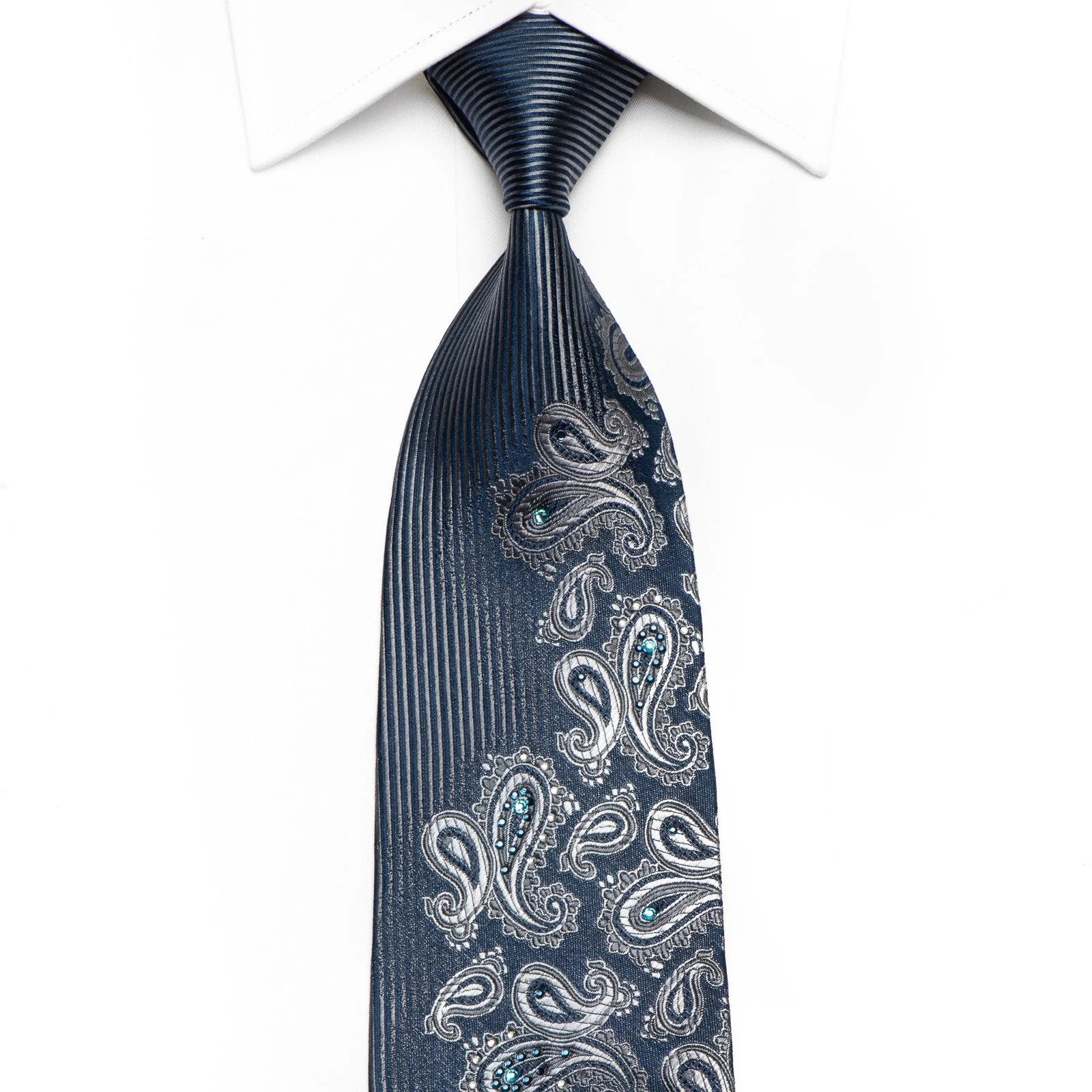 Pierre Cardin Men's Crystal Silk Tie Silver Paisley On Navy With Silver Sparkles