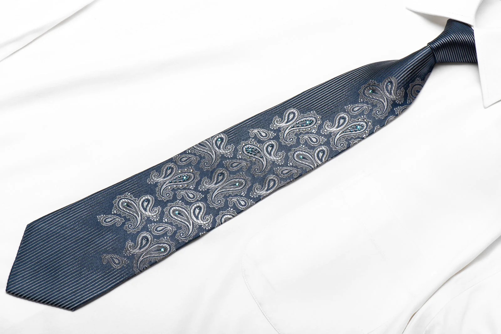 Pierre Cardin Men's Crystal Silk Tie Silver Paisley On Navy With Silver Sparkles - Image 2