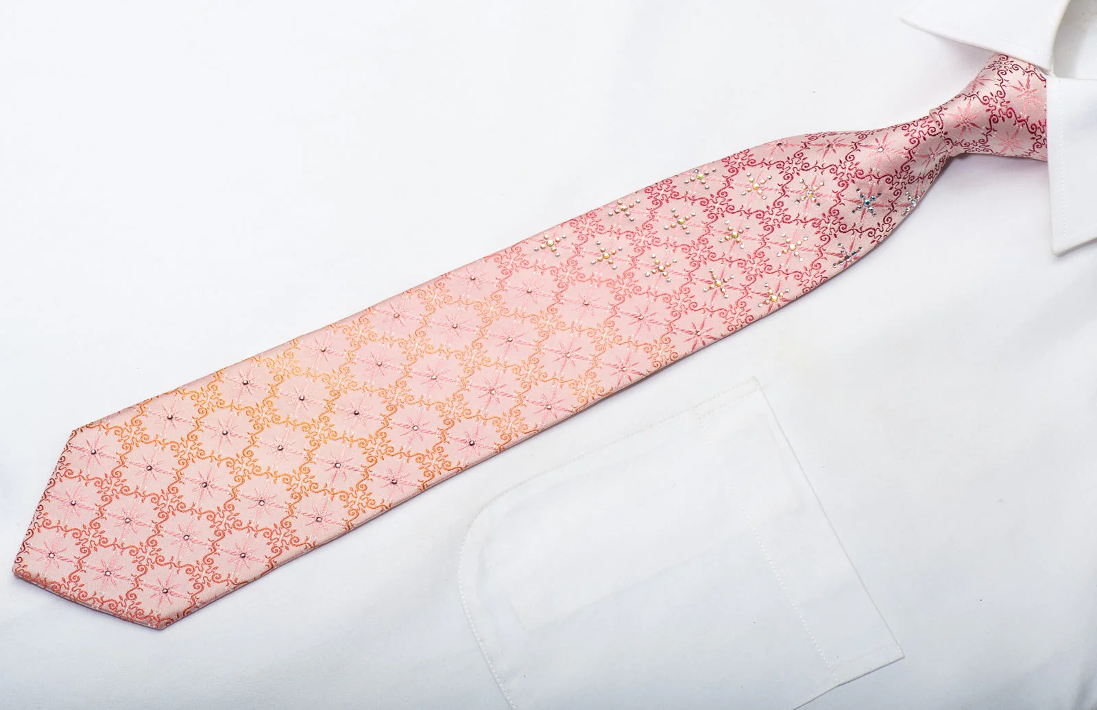 Pierre Cardin Men's Rhinestone Silk Necktie Cartouche On Pink With Silver Sparkles - Image 5