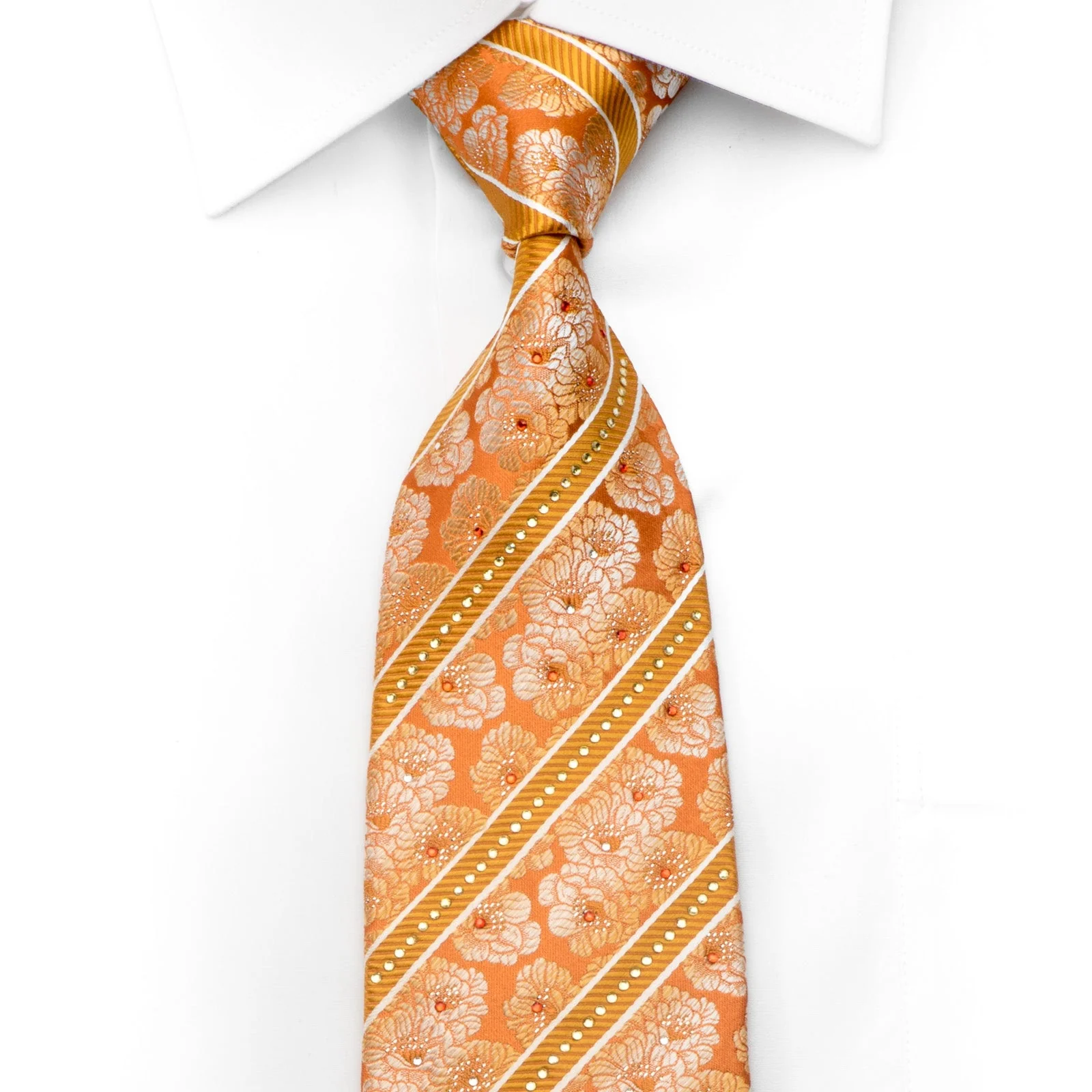 Pierre Cardin Men's Rhinestone Silk Necktie Floral & Striped On Orange With Silver Sparkles