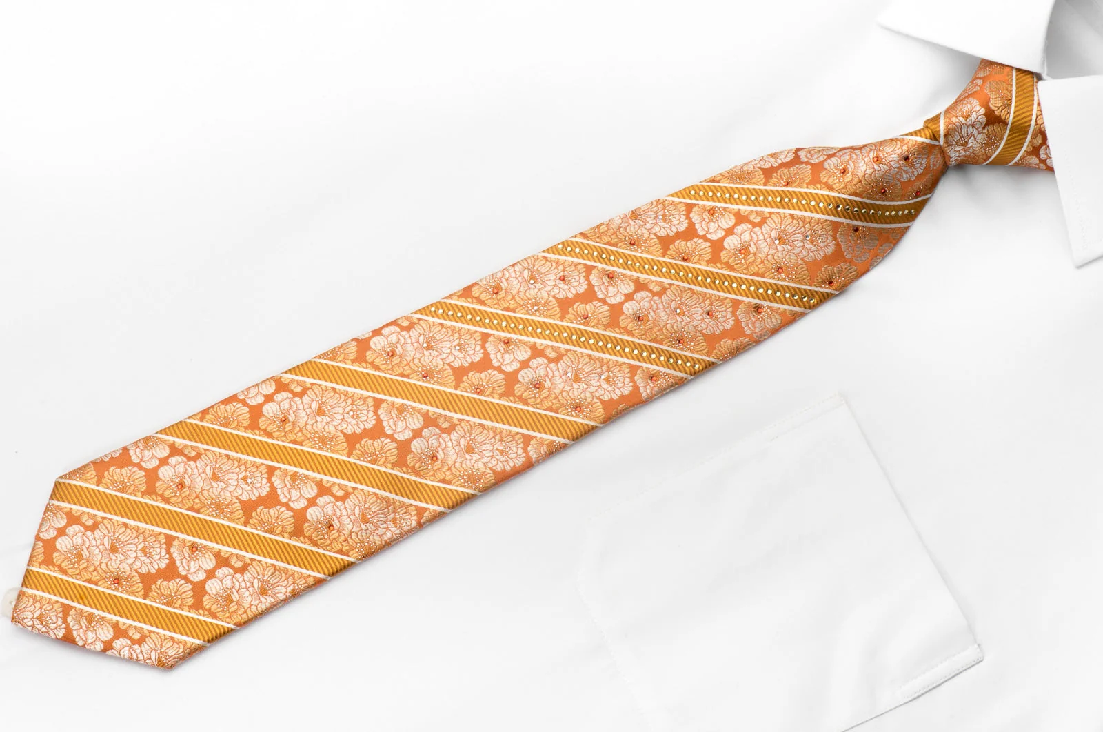 Pierre Cardin Men's Rhinestone Silk Necktie Floral & Striped On Orange With Silver Sparkles - Image 3
